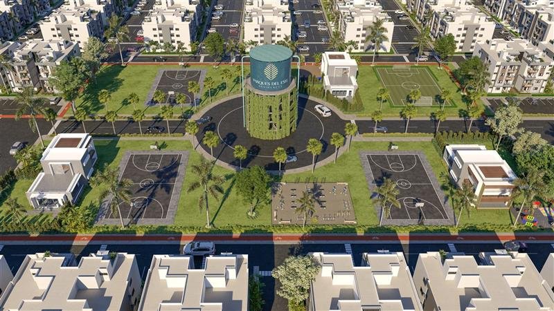 Vista aérea del residencial y sus áreas comunes